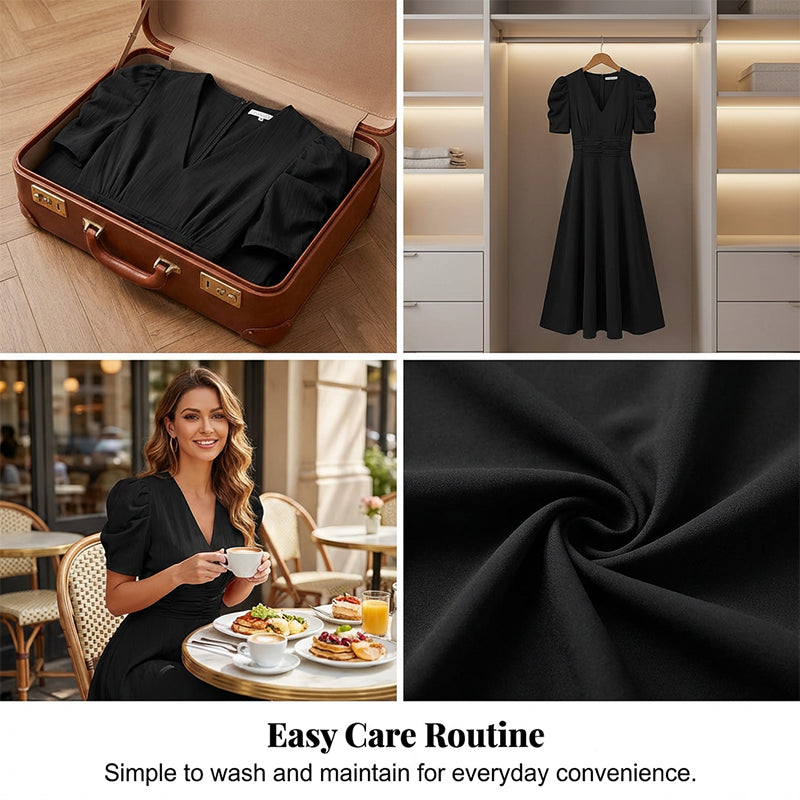 🥳2026 HOT SALE🥳💞50K+ SOLD!💥💕🌿 50% OFF! Elegant Puff Sleeve Dress – V-neck &amp; high waist create hourglass shape. Breathable, wrinkle-resistant. Perfect for mature women. 👗✅