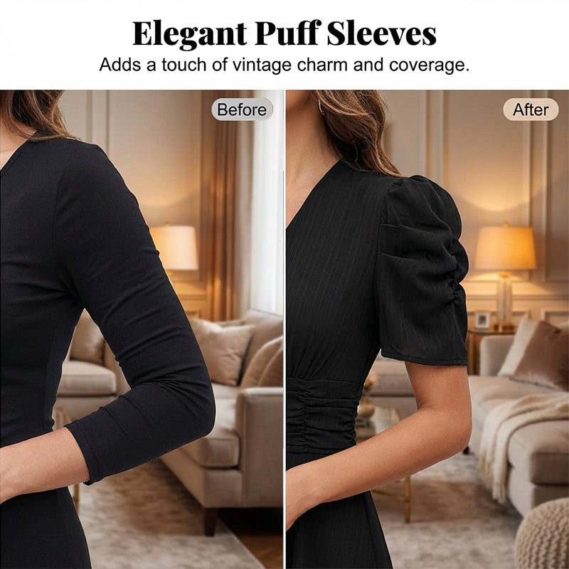 🥳2026 HOT SALE🥳💞50K+ SOLD!💥💕🌿 50% OFF! Elegant Puff Sleeve Dress – V-neck &amp; high waist create hourglass shape. Breathable, wrinkle-resistant. Perfect for mature women. 👗✅