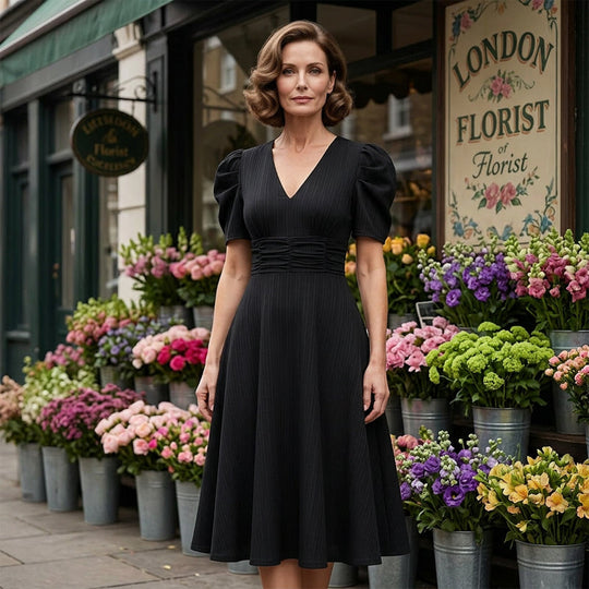 🥳2026 HOT SALE🥳💞50K+ SOLD!💥💕🌿 50% OFF! Elegant Puff Sleeve Dress – V-neck &amp; high waist create hourglass shape. Breathable, wrinkle-resistant. Perfect for mature women. 👗✅