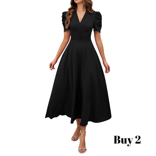 🥳2026 HOT SALE🥳💞50K+ SOLD!💥💕🌿 50% OFF! Elegant Puff Sleeve Dress – V-neck &amp; high waist create hourglass shape. Breathable, wrinkle-resistant. Perfect for mature women. 👗✅
