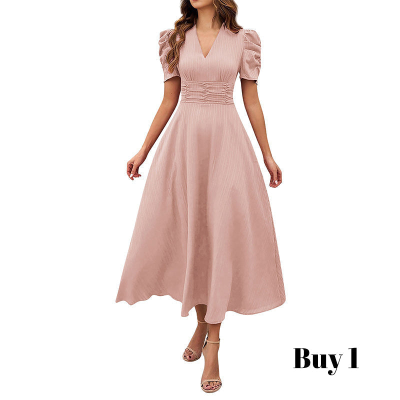 🥳2026 HOT SALE🥳💞50K+ SOLD!💥💕🌿 50% OFF! Elegant Puff Sleeve Dress – V-neck &amp; high waist create hourglass shape. Breathable, wrinkle-resistant. Perfect for mature women. 👗✅