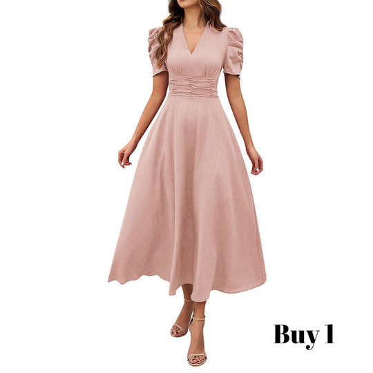🥳2026 HOT SALE🥳💞50K+ SOLD!💥💕🌿 50% OFF! Elegant Puff Sleeve Dress – V-neck &amp; high waist create hourglass shape. Breathable, wrinkle-resistant. Perfect for mature women. 👗✅