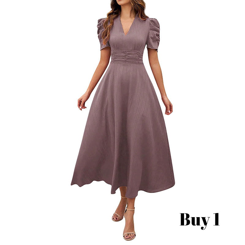 🥳2026 HOT SALE🥳💞50K+ SOLD!💥💕🌿 50% OFF! Elegant Puff Sleeve Dress – V-neck &amp; high waist create hourglass shape. Breathable, wrinkle-resistant. Perfect for mature women. 👗✅