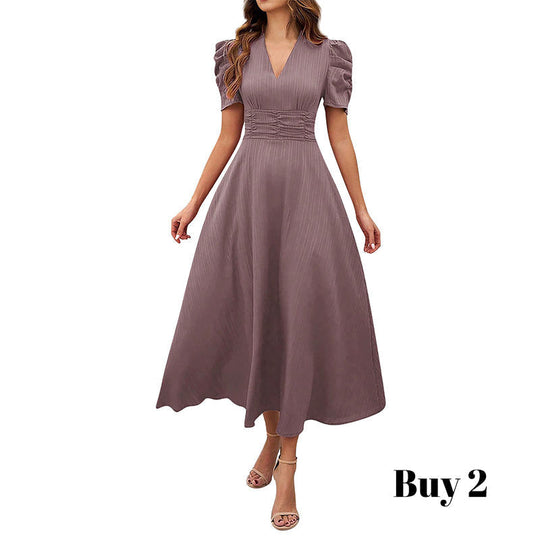 🥳2026 HOT SALE🥳💞50K+ SOLD!💥💕🌿 50% OFF! Elegant Puff Sleeve Dress – V-neck &amp; high waist create hourglass shape. Breathable, wrinkle-resistant. Perfect for mature women. 👗✅