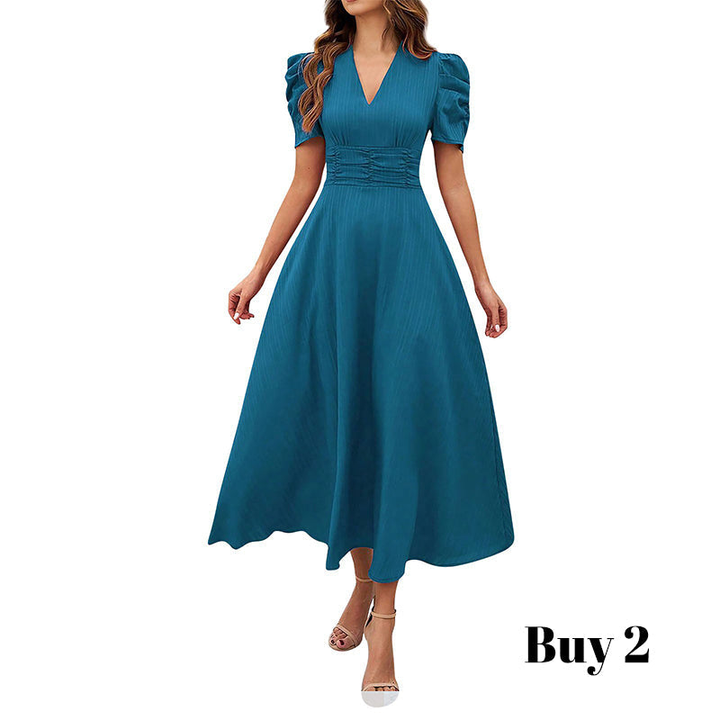 🥳2026 HOT SALE🥳💞50K+ SOLD!💥💕🌿 50% OFF! Elegant Puff Sleeve Dress – V-neck &amp; high waist create hourglass shape. Breathable, wrinkle-resistant. Perfect for mature women. 👗✅