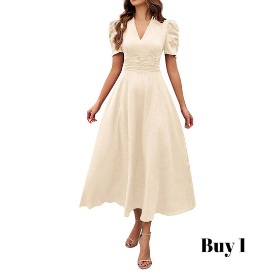 🥳2026 HOT SALE🥳💞50K+ SOLD!💥💕🌿 50% OFF! Elegant Puff Sleeve Dress – V-neck &amp; high waist create hourglass shape. Breathable, wrinkle-resistant. Perfect for mature women. 👗✅