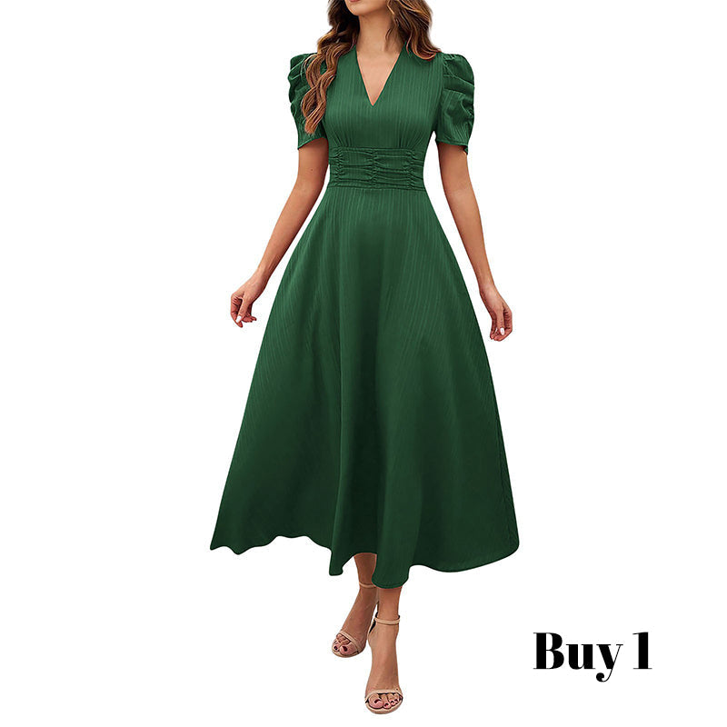 🥳2026 HOT SALE🥳💞50K+ SOLD!💥💕🌿 50% OFF! Elegant Puff Sleeve Dress – V-neck &amp; high waist create hourglass shape. Breathable, wrinkle-resistant. Perfect for mature women. 👗✅
