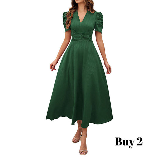 🥳2026 HOT SALE🥳💞50K+ SOLD!💥💕🌿 50% OFF! Elegant Puff Sleeve Dress – V-neck &amp; high waist create hourglass shape. Breathable, wrinkle-resistant. Perfect for mature women. 👗✅