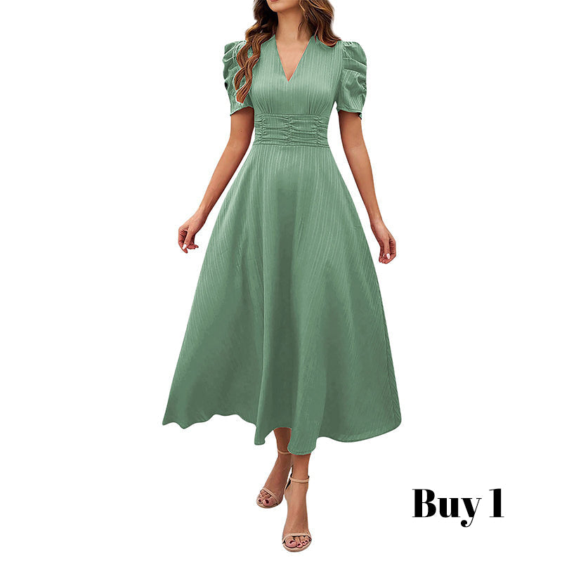 🥳2026 HOT SALE🥳💞50K+ SOLD!💥💕🌿 50% OFF! Elegant Puff Sleeve Dress – V-neck &amp; high waist create hourglass shape. Breathable, wrinkle-resistant. Perfect for mature women. 👗✅