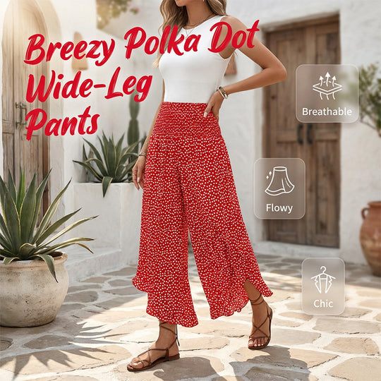 🏆Bestseller - Polka Dot Wide-Leg Pants – High-Waist Ruffled Hem for Breezy Days 🌸✨