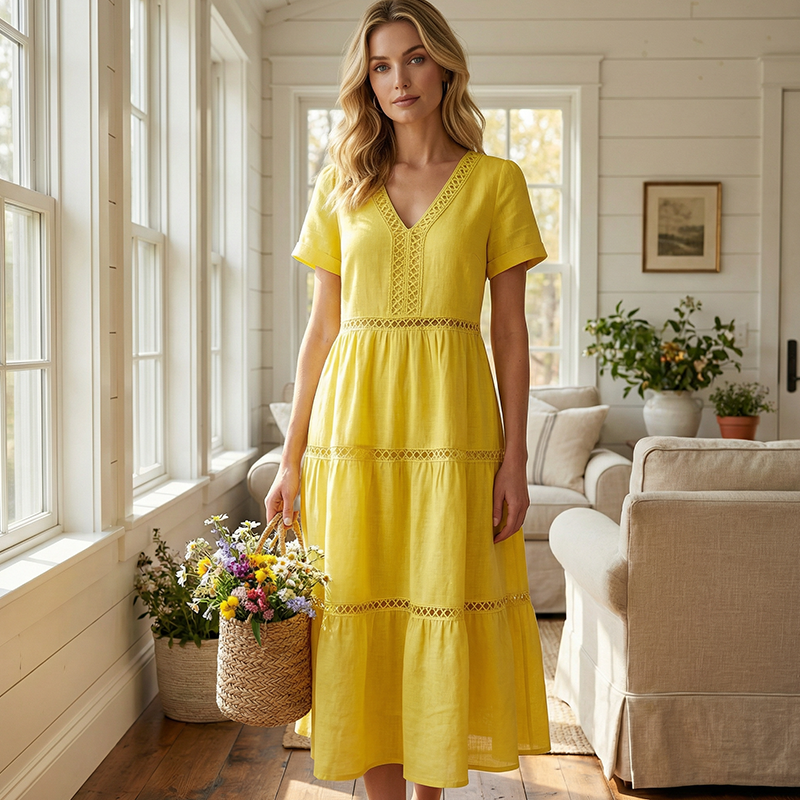 🌸👗✨ Elegantes Damenkleid mit V-Ausschnitt & Spitzeneinsätzen – feminin, edel, perfekt für besondere Anlässe. 🕊️