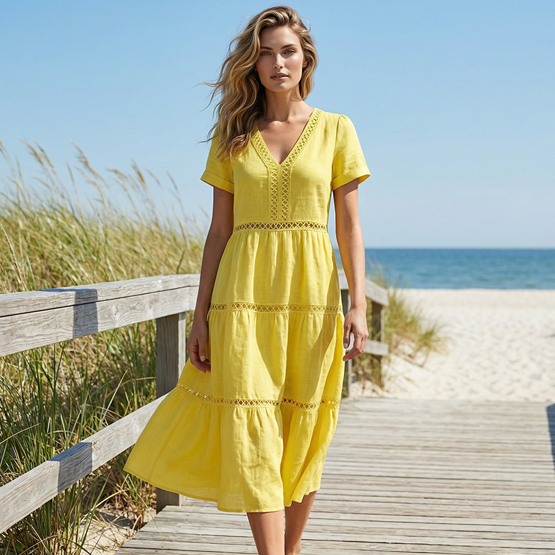 🌸👗✨ Elegantes Damenkleid mit V-Ausschnitt & Spitzeneinsätzen – feminin, edel, perfekt für besondere Anlässe. 🕊️