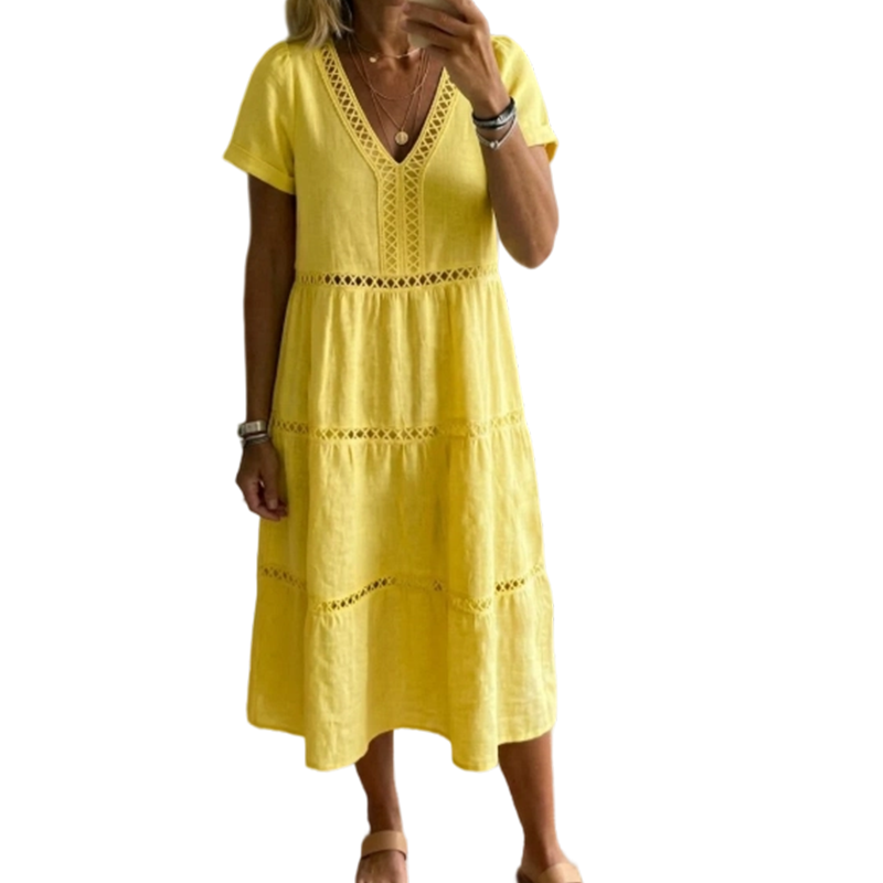 🌸👗✨ Elegantes Damenkleid mit V-Ausschnitt & Spitzeneinsätzen – feminin, edel, perfekt für besondere Anlässe. 🕊️