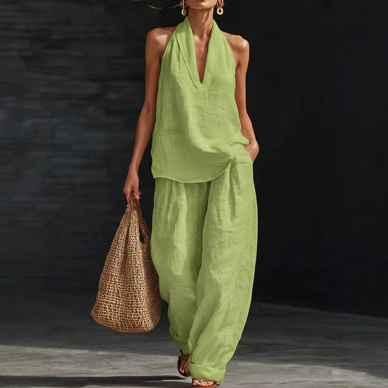👚49% DE THALAMH! 🔥 Tacar dhá phíosa do mhná le muineál halter – Fabraic shreabhach, feistiú éadrom &amp;  Foirfe le haghaidh cuma samhraidh galánta 💃