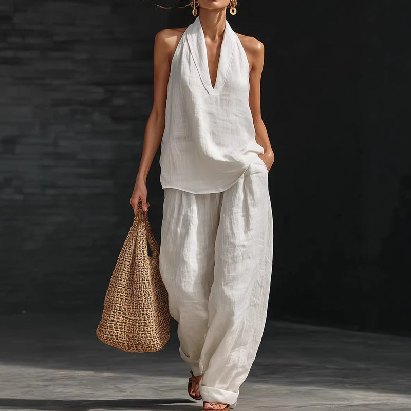 👚49% DE THALAMH! 🔥 Tacar dhá phíosa do mhná le muineál halter – Fabraic shreabhach, feistiú éadrom &amp;  Foirfe le haghaidh cuma samhraidh galánta 💃