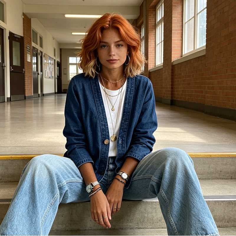 🌸⏳ 3 TAGE: 50% RABATT! Klassische Damen-Jeansjacke – V-Ausschnitt, Knopfleiste &amp; Lockerer Casual-Schnitt ✨🧥
