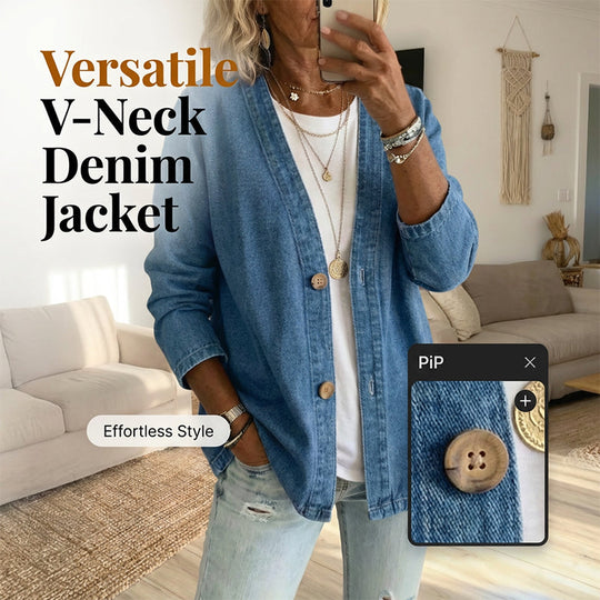 🌸⏳ 3 TAGE: 50% RABATT! Klassische Damen-Jeansjacke – V-Ausschnitt, Knopfleiste &amp; Lockerer Casual-Schnitt ✨🧥