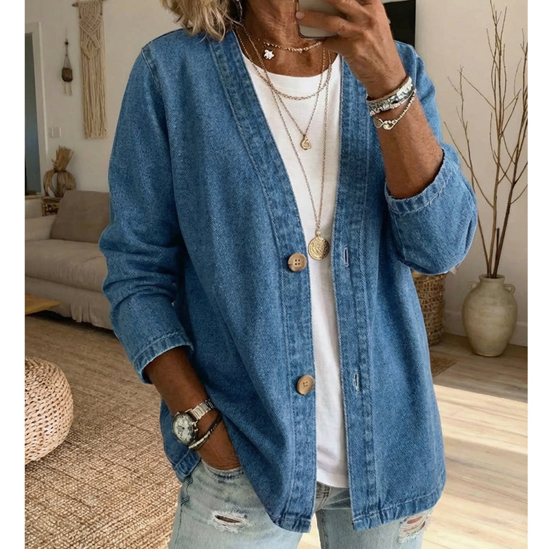 🌸⏳ 3 TAGE: 50% RABATT! Klassische Damen-Jeansjacke – V-Ausschnitt, Knopfleiste &amp; Lockerer Casual-Schnitt ✨🧥