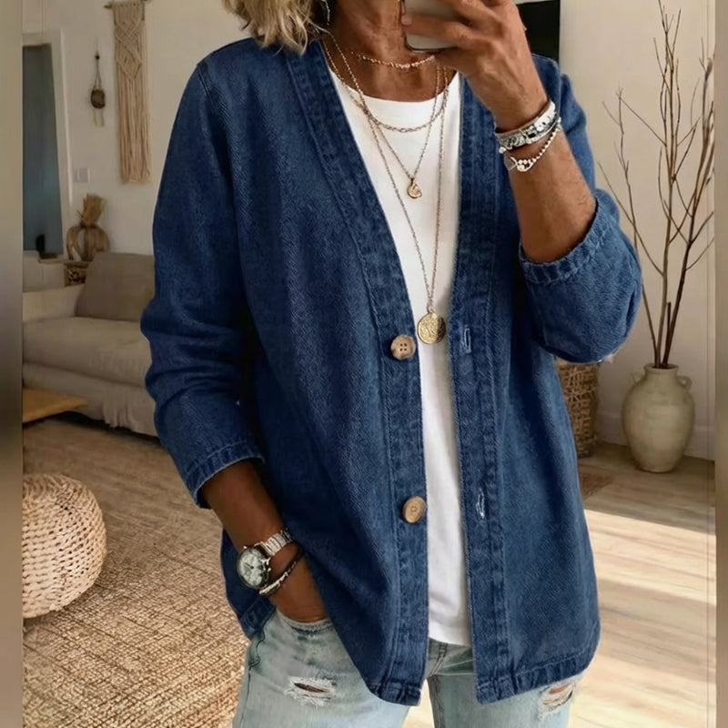 🌸⏳ 3 TAGE: 50% RABATT! Klassische Damen-Jeansjacke – V-Ausschnitt, Knopfleiste &amp; Lockerer Casual-Schnitt ✨🧥