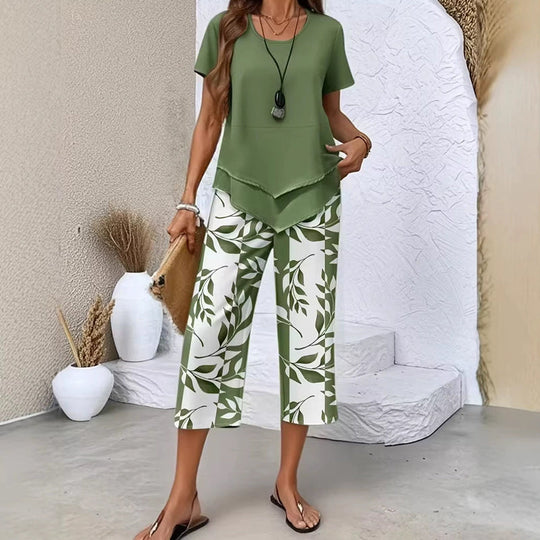 🎉50% Rabatt – Nur für kurze Zeit!✨ Modisches 2-in-1-Set | Oberteil mit asymmetrischem Saum + bedruckte Hose | S–5XL 👗
