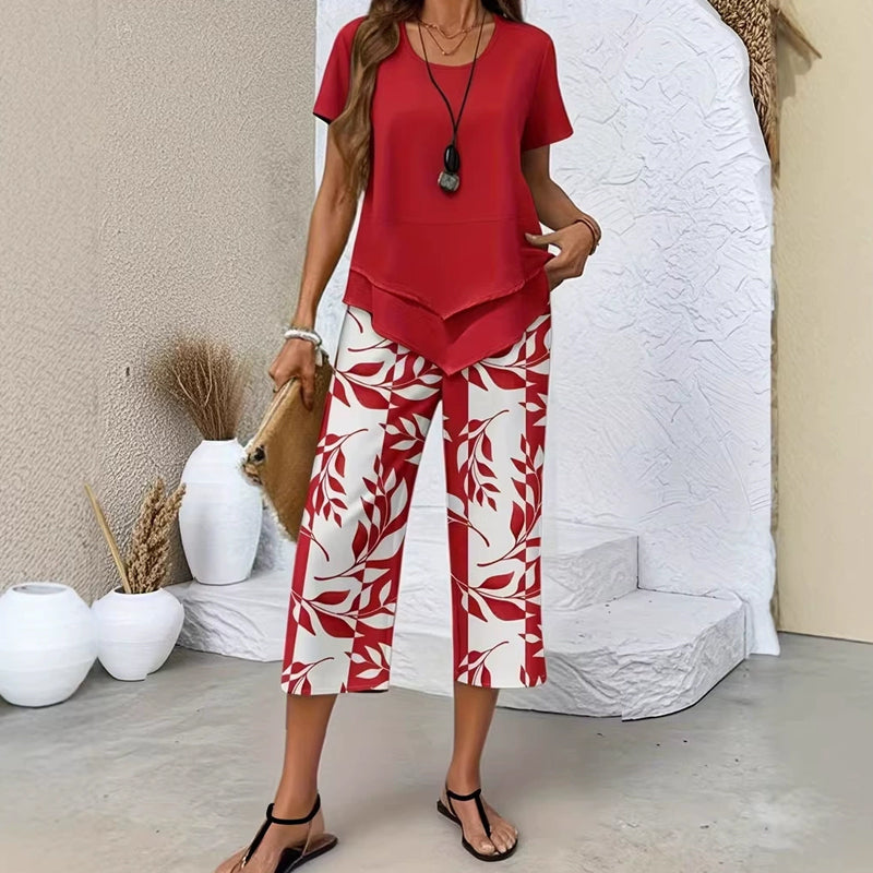 🎉50% Rabatt – Nur für kurze Zeit!✨ Modisches 2-in-1-Set | Oberteil mit asymmetrischem Saum + bedruckte Hose | S–5XL 👗