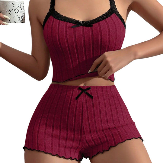 Damen Pyjama-Set aus Strick: Geripptes Top und Shorts