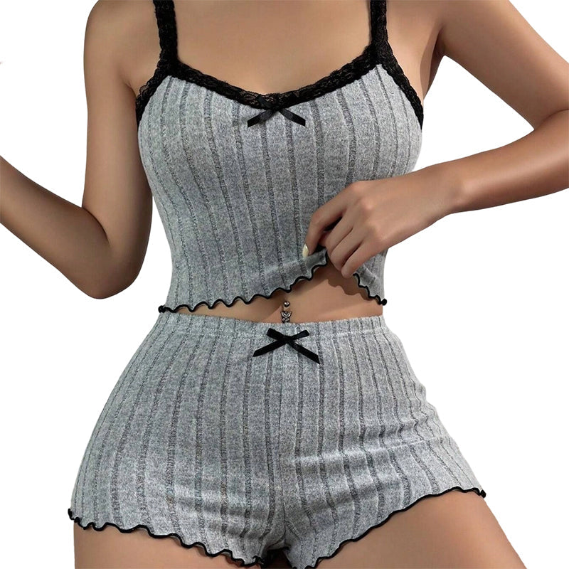 Damen Pyjama-Set aus Strick: Geripptes Top und Shorts