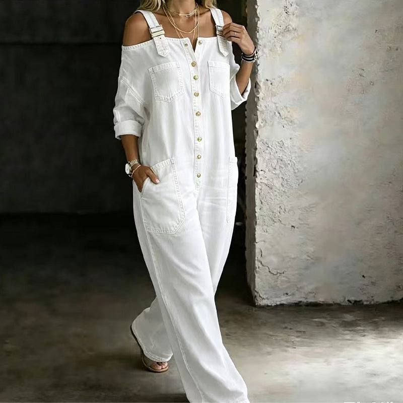 Loose Fit Wide-Leg Overall Jumpsuit with Pockets