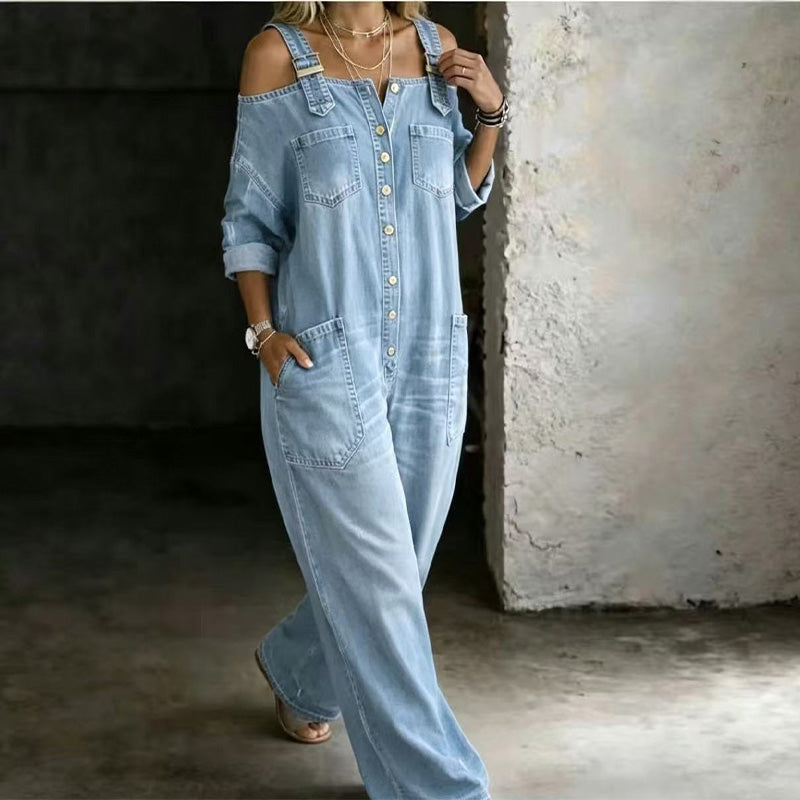 Loose Fit Wide-Leg Overall Jumpsuit with Pockets