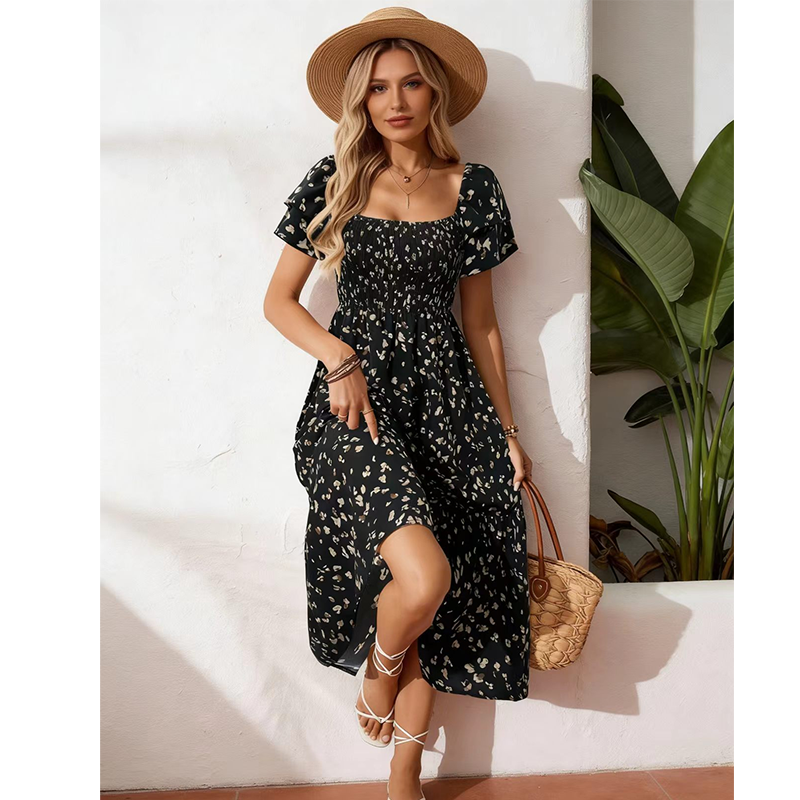 🌈2026 Summer Hot Sale 50% OFF!✨Square Neck Floral Midi Dress – Smocked Bodice, Flowy Tiered Skirt, Romantic 🌸