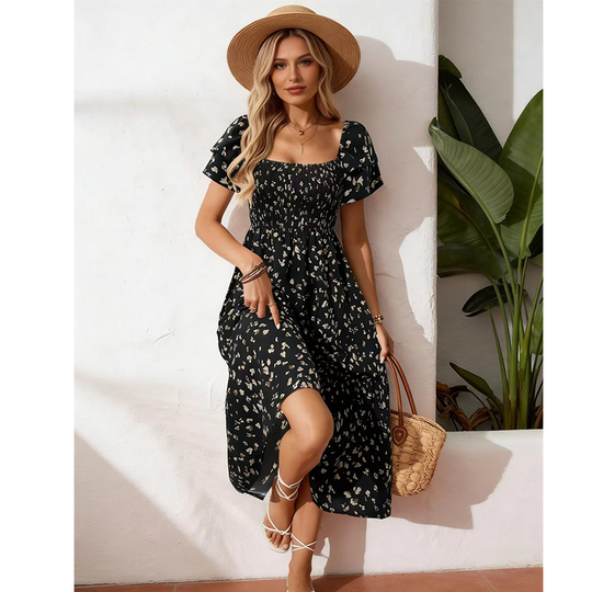 🌈2026 Summer Hot Sale 50% OFF!✨Square Neck Floral Midi Dress – Smocked Bodice, Flowy Tiered Skirt, Romantic 🌸