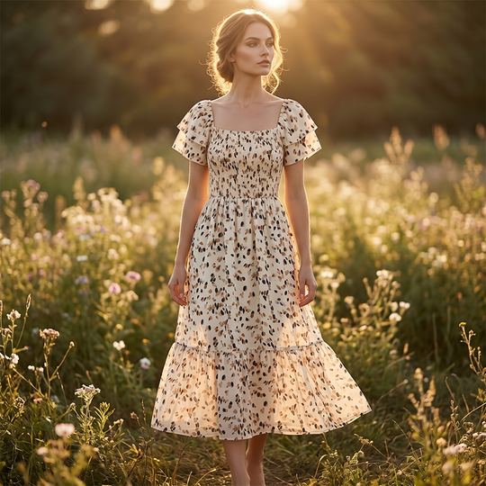 🌈2026 Summer Hot Sale 50% OFF!✨Square Neck Floral Midi Dress – Smocked Bodice, Flowy Tiered Skirt, Romantic 🌸