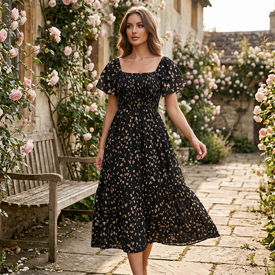 🌈2026 Summer Hot Sale 50% OFF!✨Square Neck Floral Midi Dress – Smocked Bodice, Flowy Tiered Skirt, Romantic 🌸