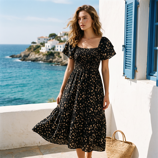 🌈2026 Summer Hot Sale 50% OFF!✨Square Neck Floral Midi Dress – Smocked Bodice, Flowy Tiered Skirt, Romantic 🌸