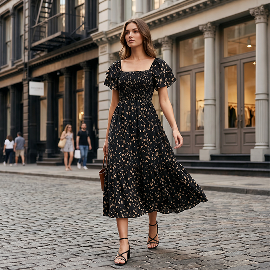 🌈2026 Summer Hot Sale 50% OFF!✨Square Neck Floral Midi Dress – Smocked Bodice, Flowy Tiered Skirt, Romantic 🌸