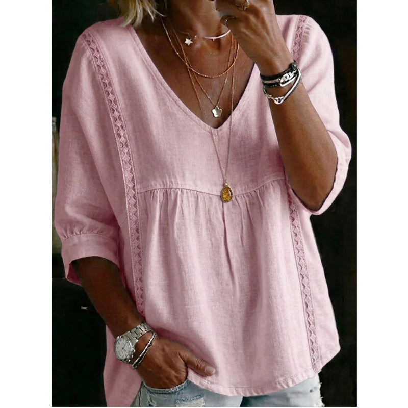 🌼 Women’s Casual V-Neck Lace Trim Top – Romantic Lace, Flowy Fit &amp; 3/4 Sleeve Elegance 💕