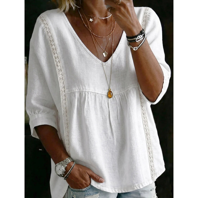 🌼 Women’s Casual V-Neck Lace Trim Top – Romantic Lace, Flowy Fit &amp; 3/4 Sleeve Elegance 💕