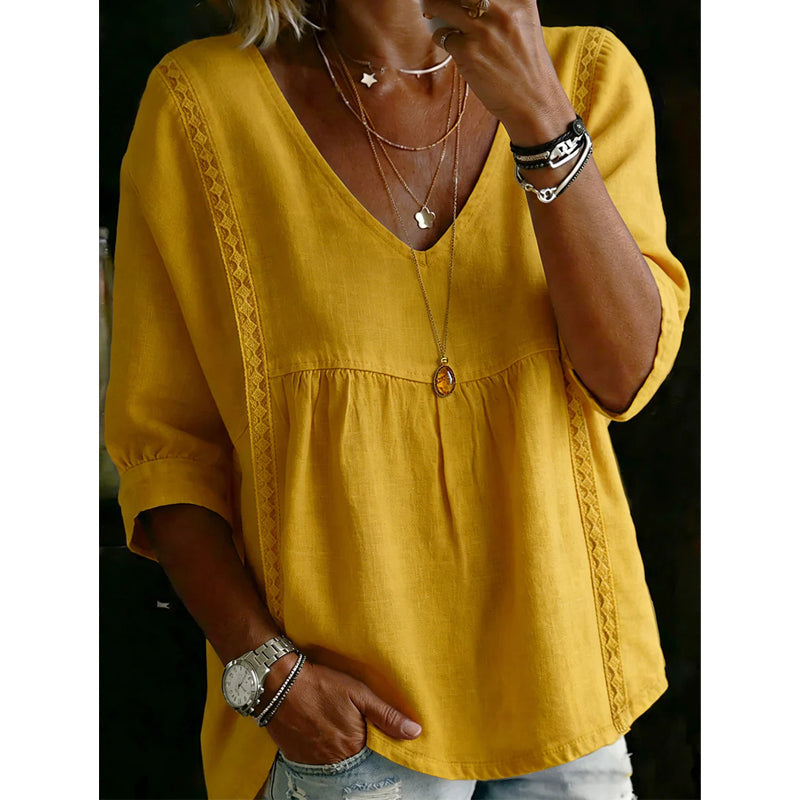 🌼 Women’s Casual V-Neck Lace Trim Top – Romantic Lace, Flowy Fit &amp; 3/4 Sleeve Elegance 💕