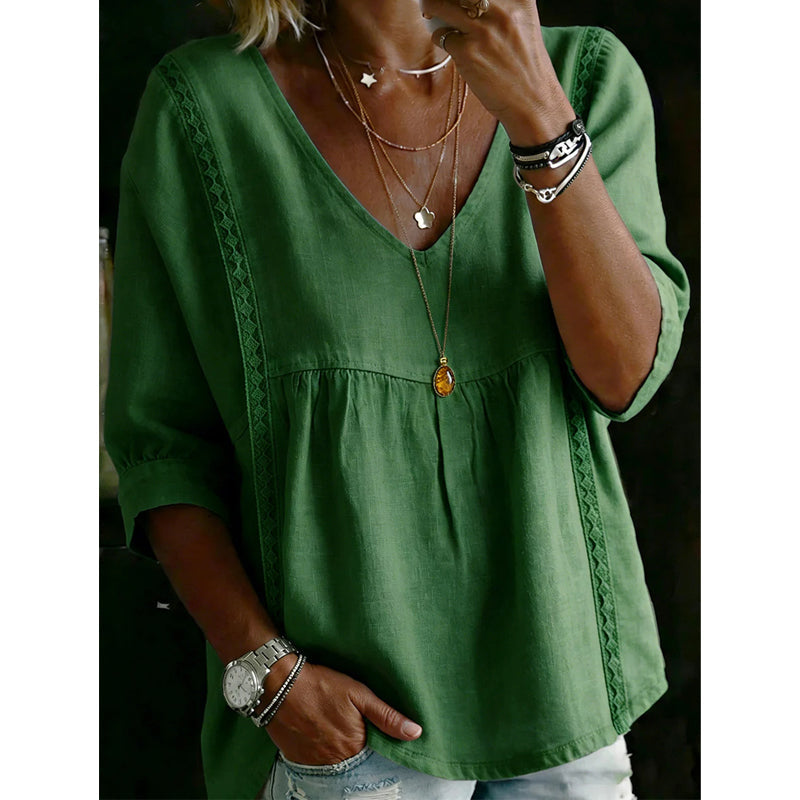 🌼 Women’s Casual V-Neck Lace Trim Top – Romantic Lace, Flowy Fit &amp; 3/4 Sleeve Elegance 💕