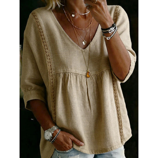 🌼 Women’s Casual V-Neck Lace Trim Top – Romantic Lace, Flowy Fit &amp; 3/4 Sleeve Elegance 💕