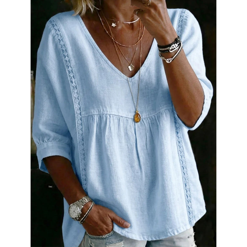 🌼 Women’s Casual V-Neck Lace Trim Top – Romantic Lace, Flowy Fit &amp; 3/4 Sleeve Elegance 💕
