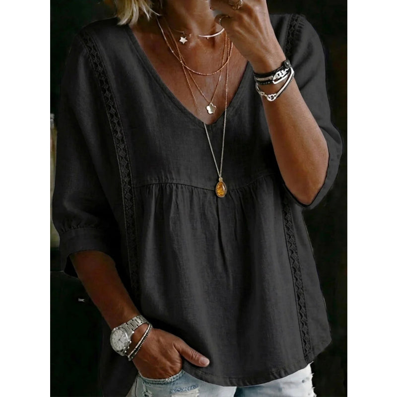 🌼 Women’s Casual V-Neck Lace Trim Top – Romantic Lace, Flowy Fit &amp; 3/4 Sleeve Elegance 💕