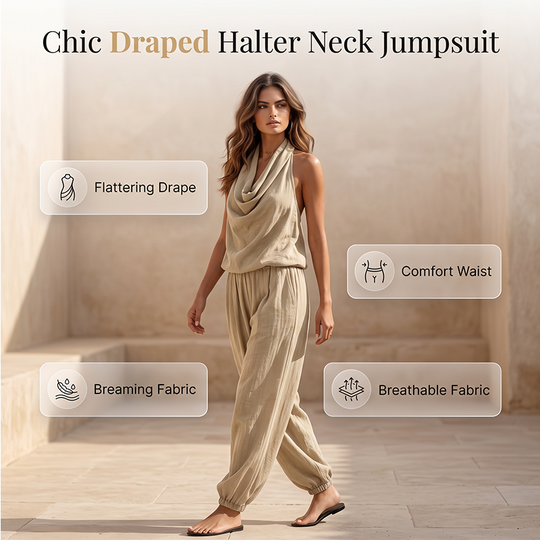 💃 2026 Sale — Over 33,000 Sold!🔥 Chic Draped Halter Neck Jumpsuit – Relaxed Wide-Leg Silhouette ✨