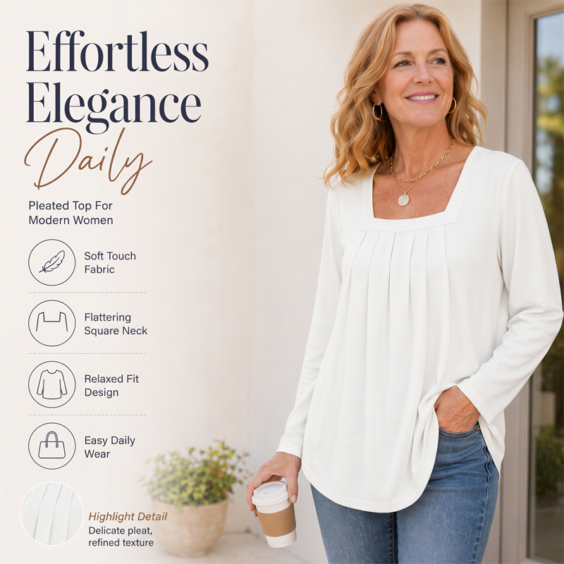 🌿 Cotton Elegant Pleated Square Neck Top