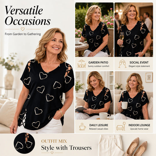 Women’s Heart Print V-Neck Top