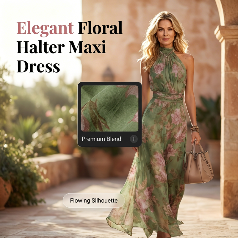 🎁2026 New Arrivals 50% OFF💥Elegant Floral Print Halter Neck Maxi Dress