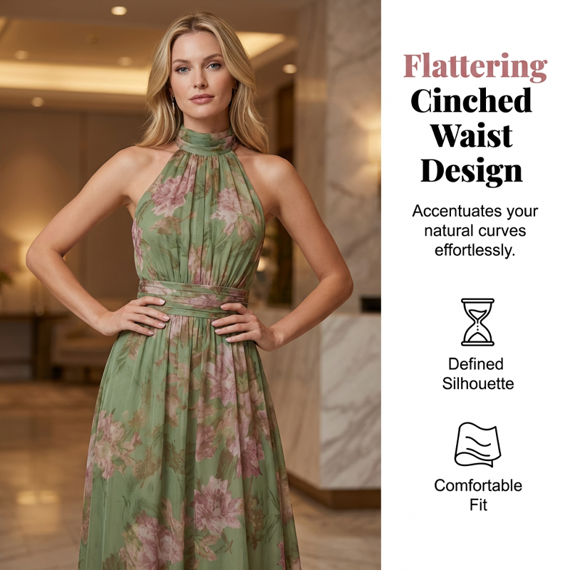 🎁2026 New Arrivals 50% OFF💥Elegant Floral Print Halter Neck Maxi Dress