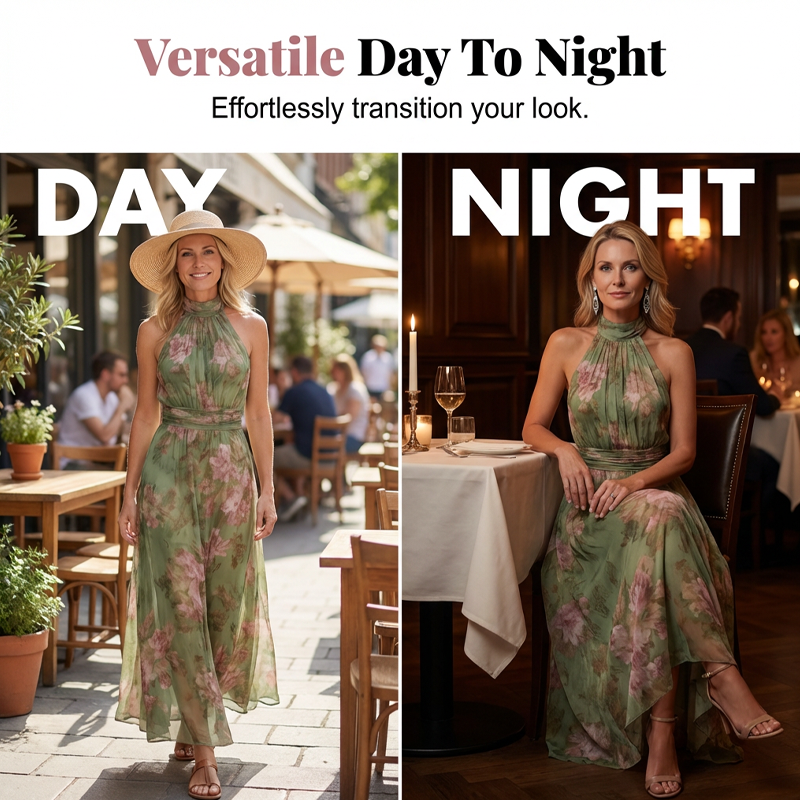 🎁2026 New Arrivals 50% OFF💥Elegant Floral Print Halter Neck Maxi Dress
