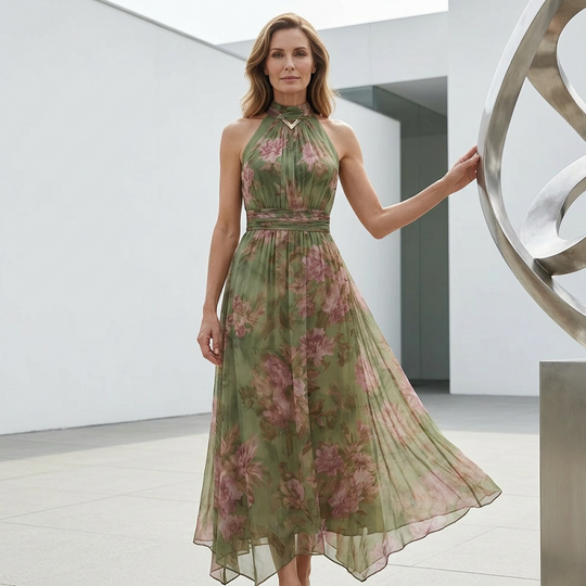 🎁2026 New Arrivals 50% OFF💥Elegant Floral Print Halter Neck Maxi Dress