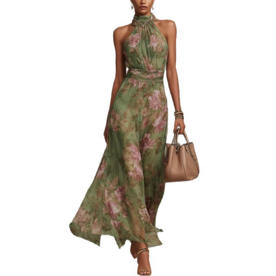 🎁2026 New Arrivals 50% OFF💥Elegant Floral Print Halter Neck Maxi Dress